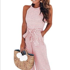 PrettyGarden pink & white striped jumpsuit w belt